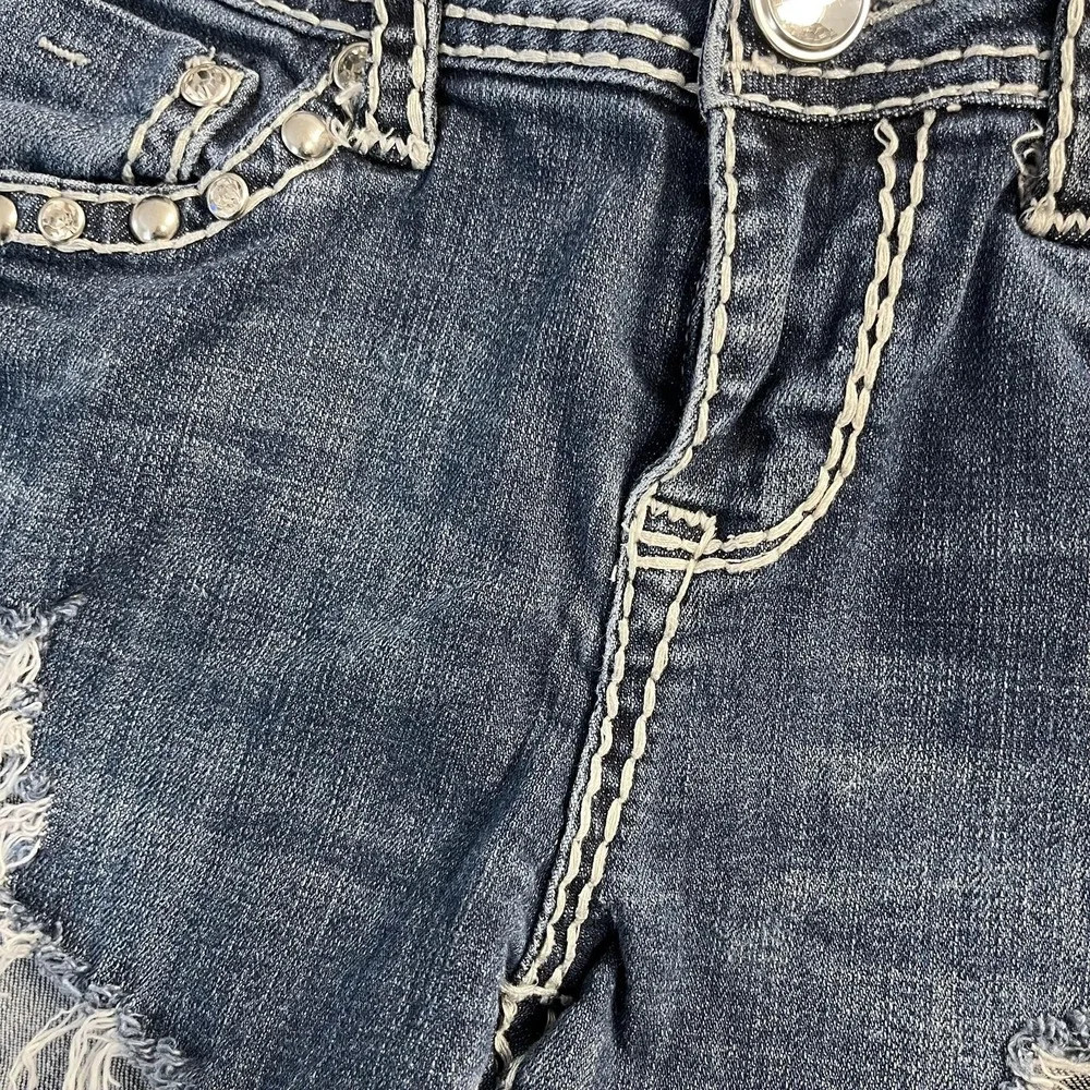 LA Idol USA Shorts Juniors 7 Blue Denim Cutoff Distressed Studded Rhinestone Y2K